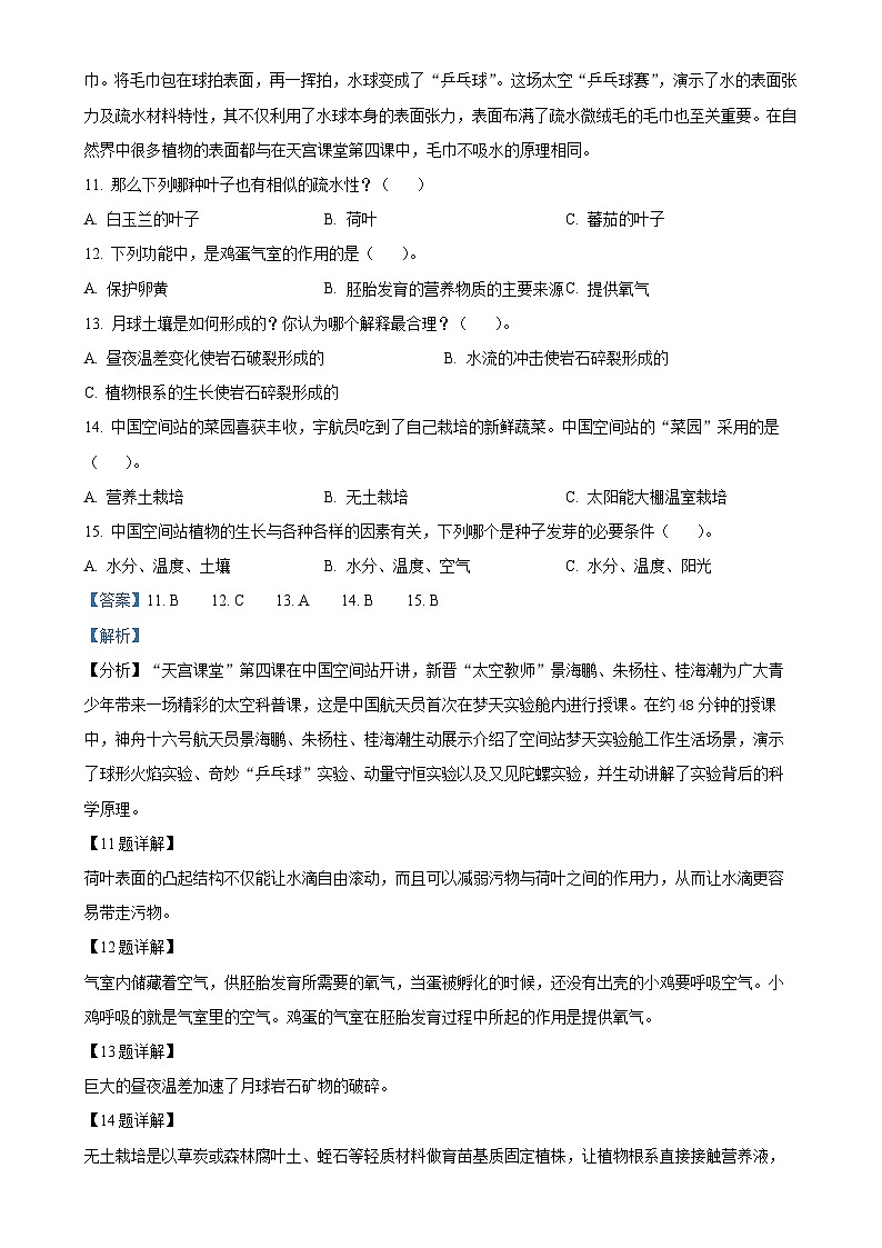 广东省阳江市阳西县粤教版四年级上册期末考试科学试卷(解析版)-A4第3页
