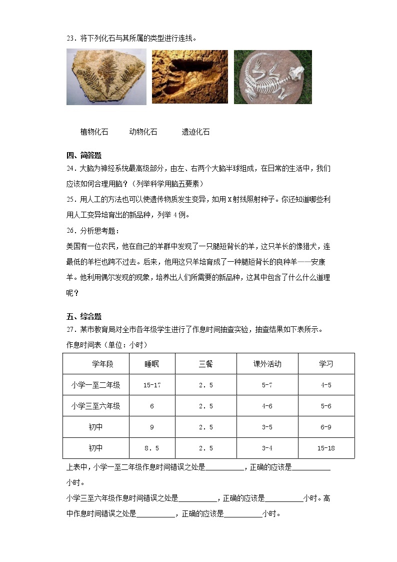 2020-2021学年山西省太原市苏教版六年级下册期中检测科学试卷（word版 含答案）03