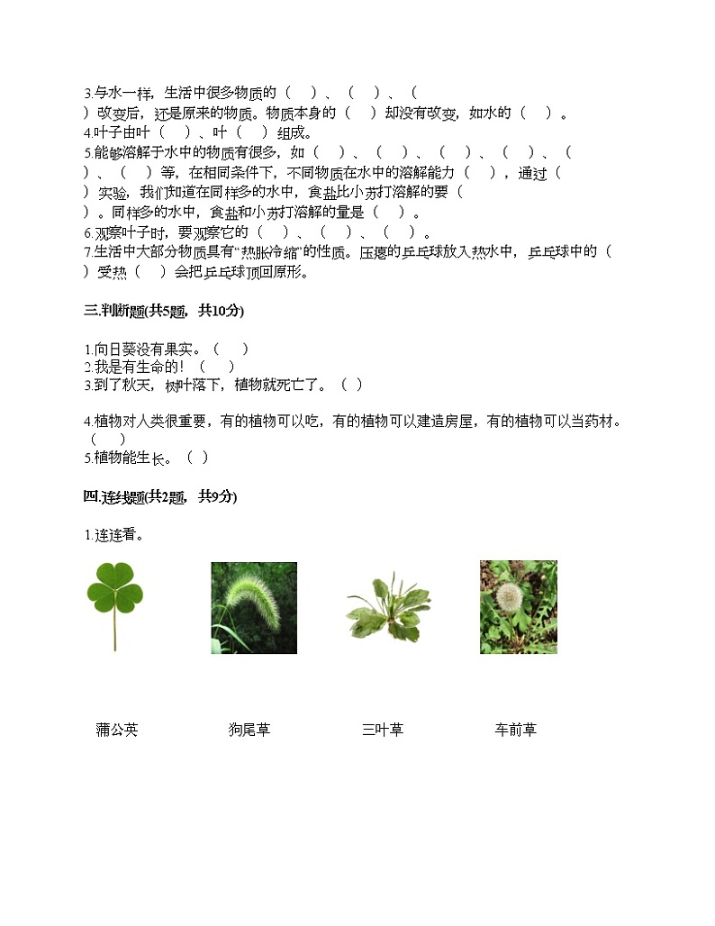 一年级上册科学试题-第一单元 植物 测试题-教科版(含答案)02