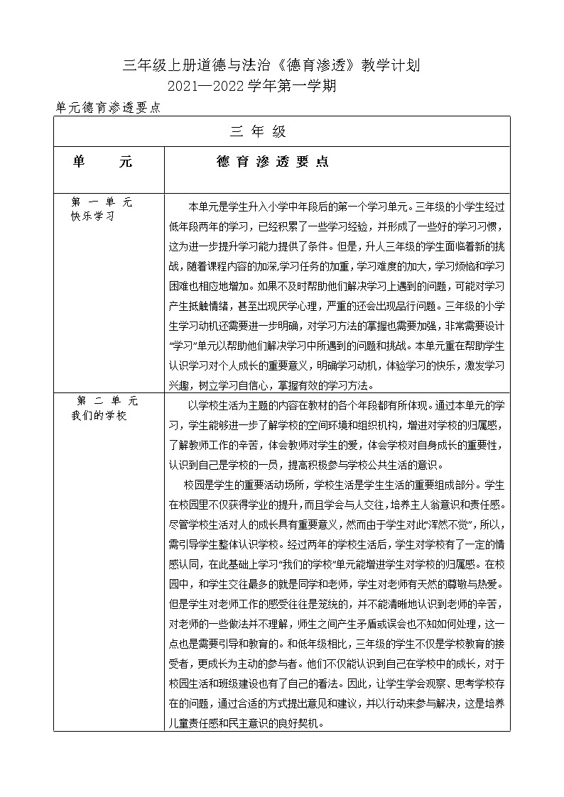 (2021秋)三年级上册道德与法治《德育渗透》教学计划01