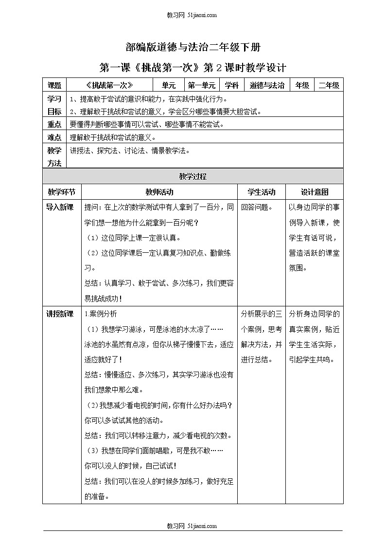 2021年部編版二年級下冊《挑戰(zhàn)第一次》第2課時教案第1頁