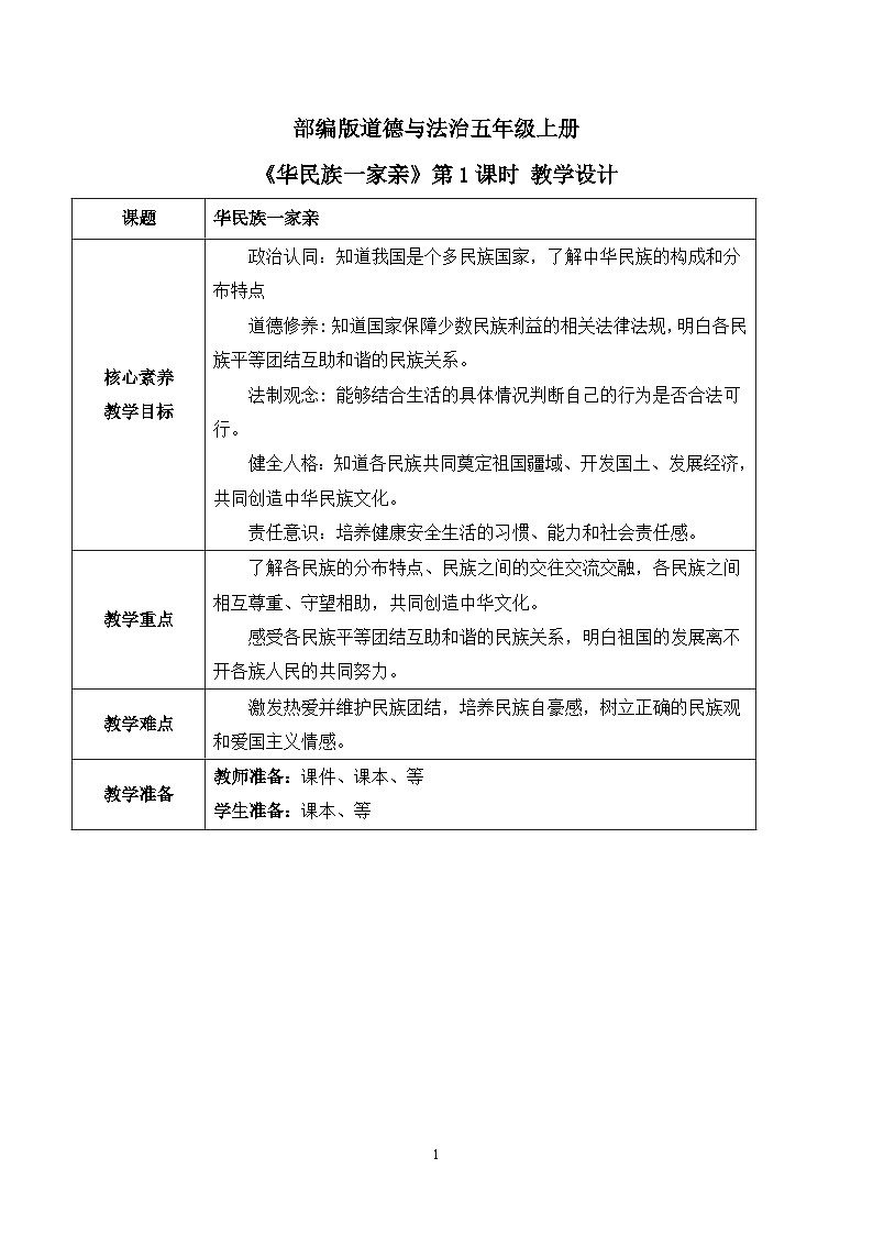 【核心素养目标】部编版道德与法治五上3.7《华民族一家亲》第1课时 课件+教学设计01