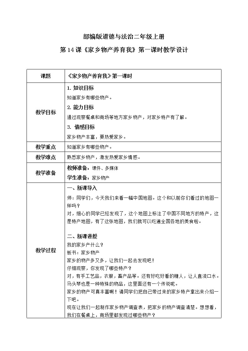 第14课《家乡物产养育我》第一课时教学设计教案+课件PPT+同步练习01