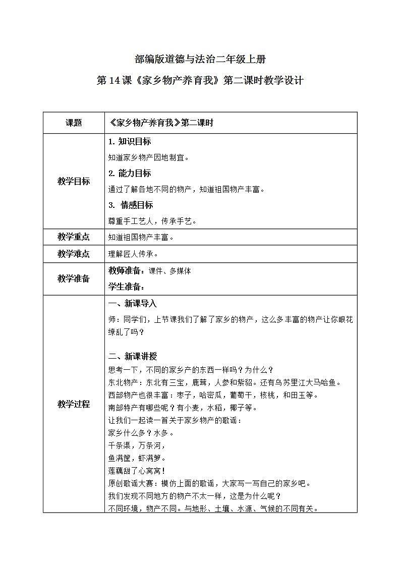 第14课《家乡物产养育我》第二课时教学设计第1页