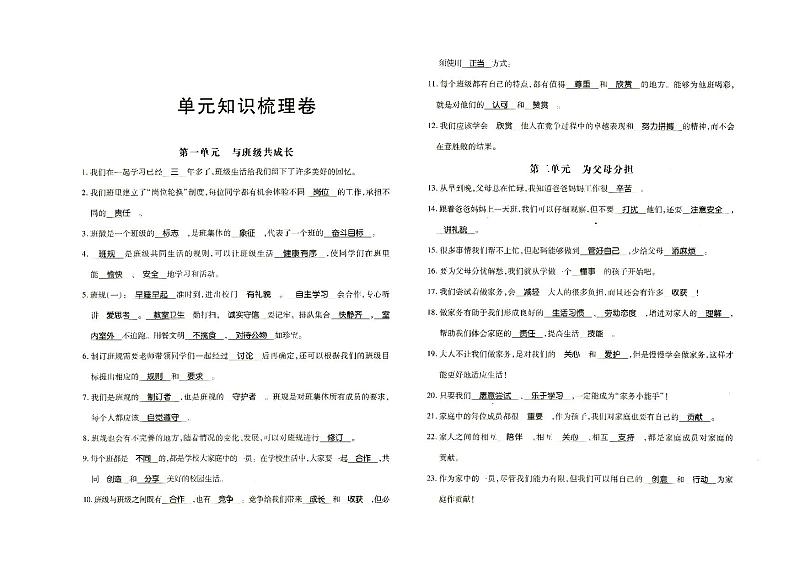 部编人教版四年级上册《道德与法治》全册书本知识点汇总01