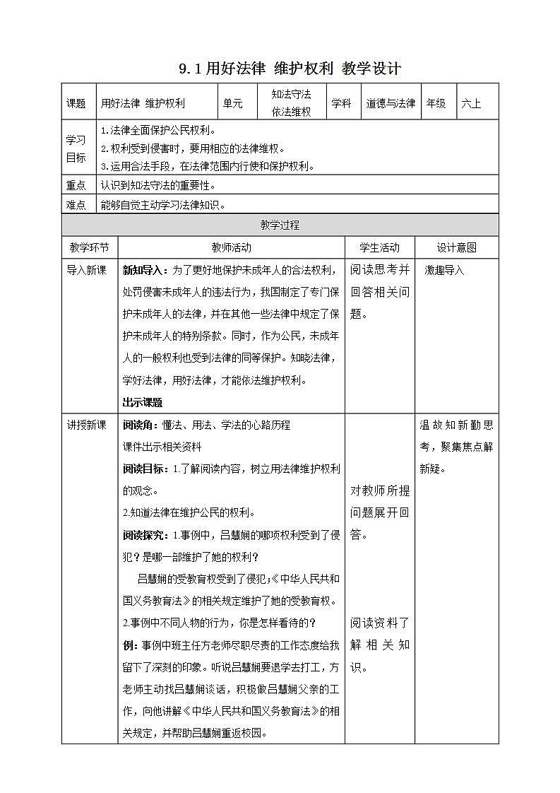 道德与法治部编版六年级上4.9《知法守法 依法维权 第1课时 用好法律 维护权利》课件+教案+练习+素材01