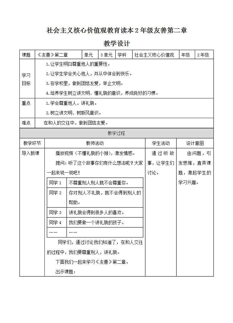 《友善》第2章教案-社会主义核心价值观 二年级01