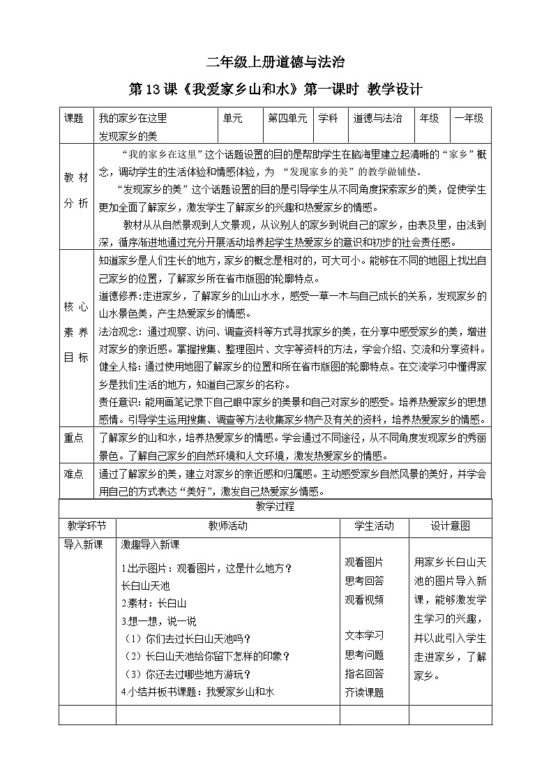 【核心素养目标】二年级上册道德与法治第13课《我爱家乡山和水》ppt教学课件(第一课时) +素材+教案教学设计01