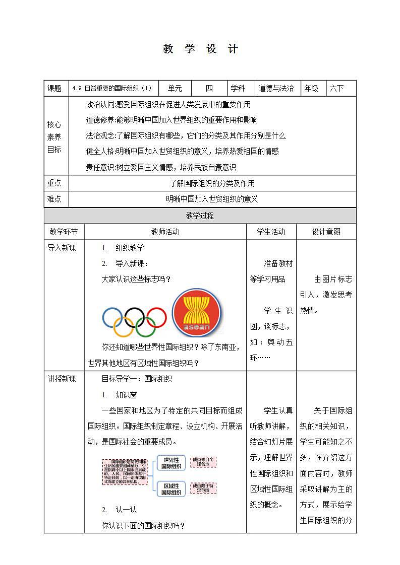 【核心素养】4.9 《日益重要的国际组织》 第一课时 课件+教案01