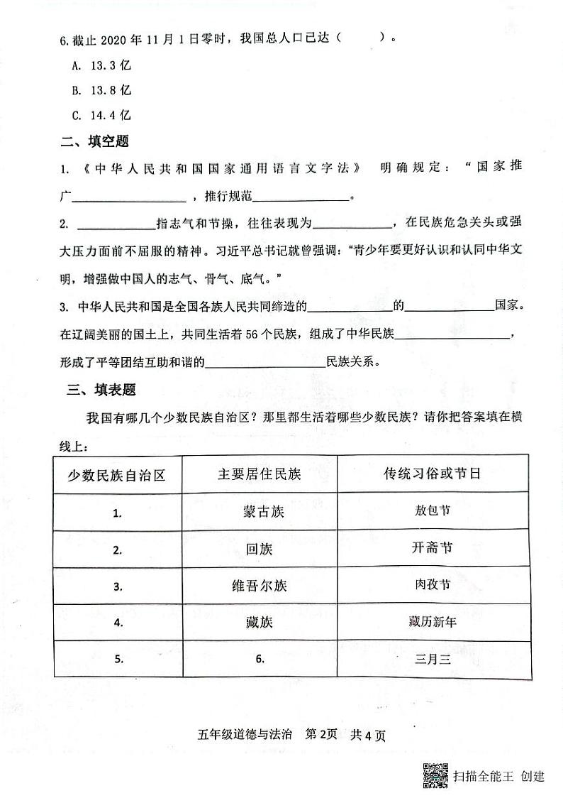 山东省滨州市阳信县2023-2024学年五年级上学期期末学习力调研道德与法治试卷02
