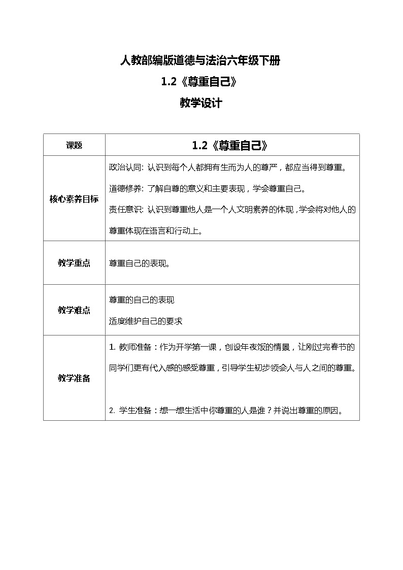 核心素养目标 1.2学会尊重—尊重自己 课件PPT+教案+练习01