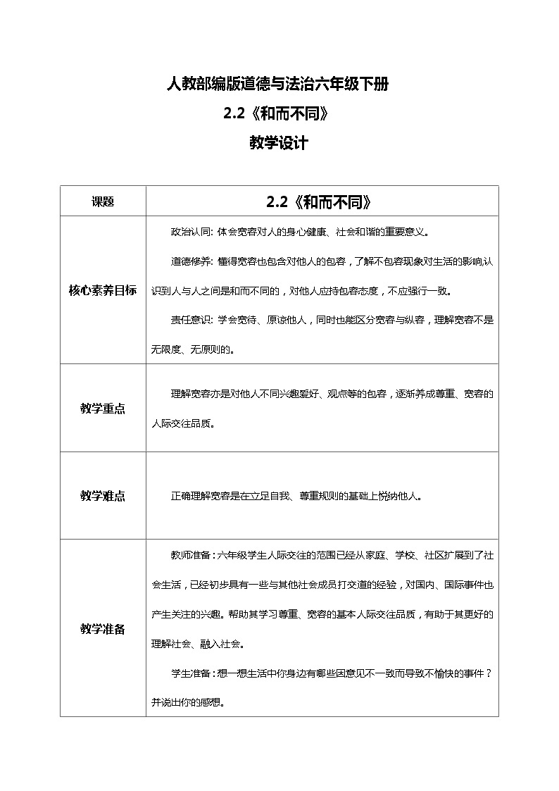 核心素养目标2.2学会宽容第二课时—和而不同 课件PPT+教案+练习01