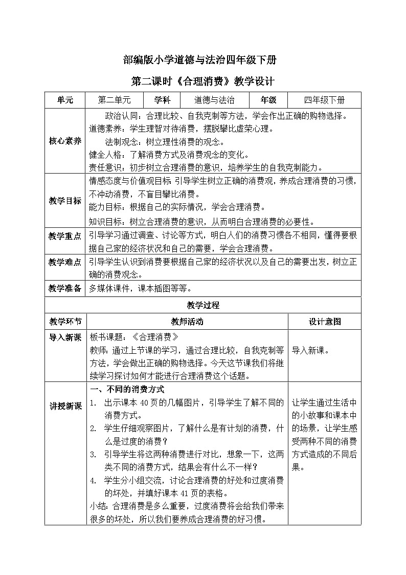【核心素养】部编版小学道德与法治四年级下册 第二课时《合理消费》课件+教案+同步分层练习(含试卷和答案)01