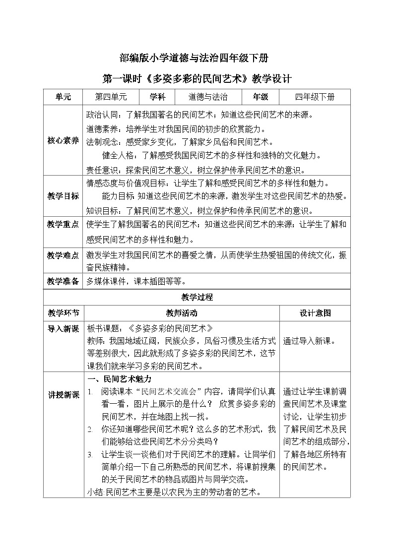 【核心素养】部编版小学道德与法治四年级下册 第一课时《多姿多彩的民间艺术》课件+教案+同步分层练习（含试卷和答案）01