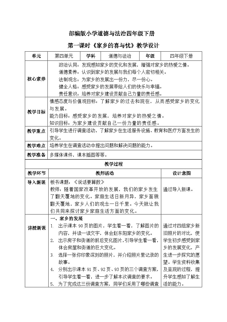 【核心素养】部编版小学道德与法治四年级下册 第一课时《家乡的喜与忧》课件+教案+同步分层练习(含试卷和答案)01