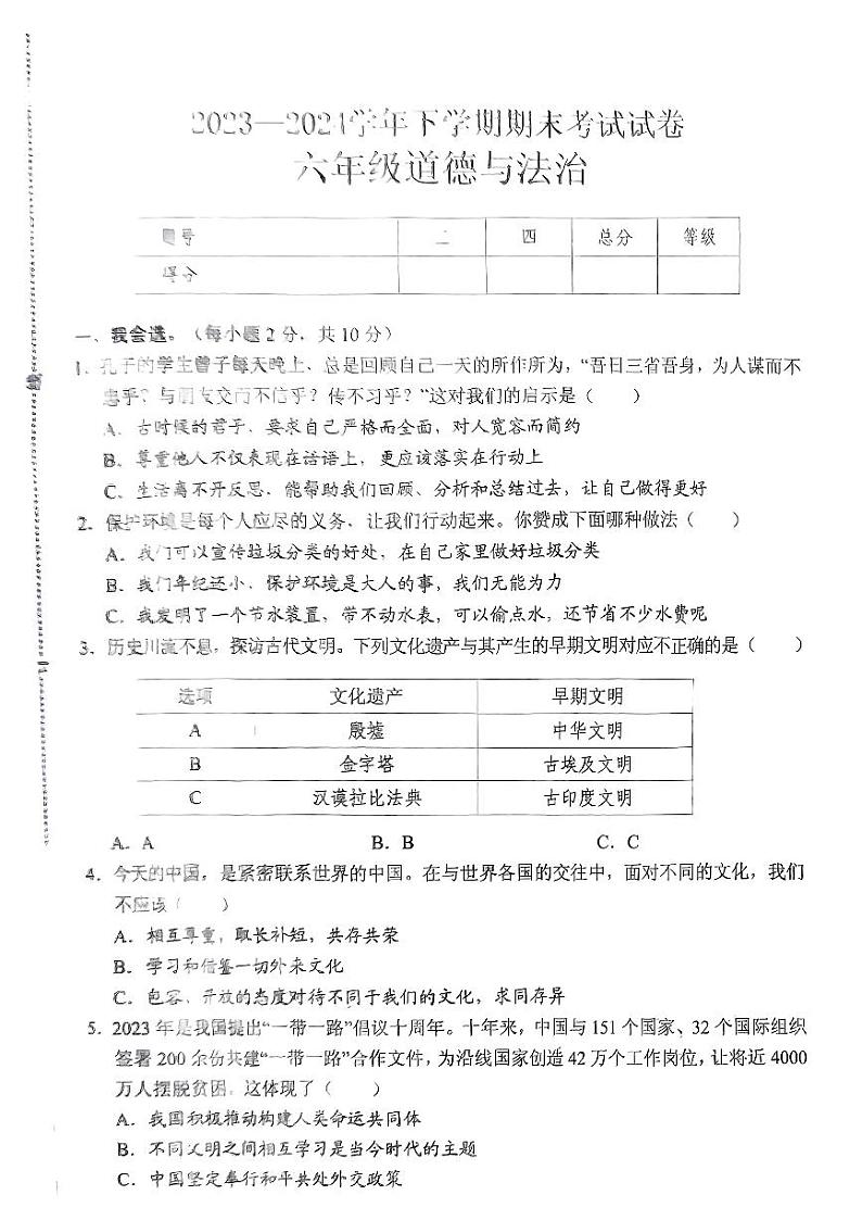 河南省新乡市长垣市2023-2024学年六年级下学期期末考试道德与法治试卷第1页