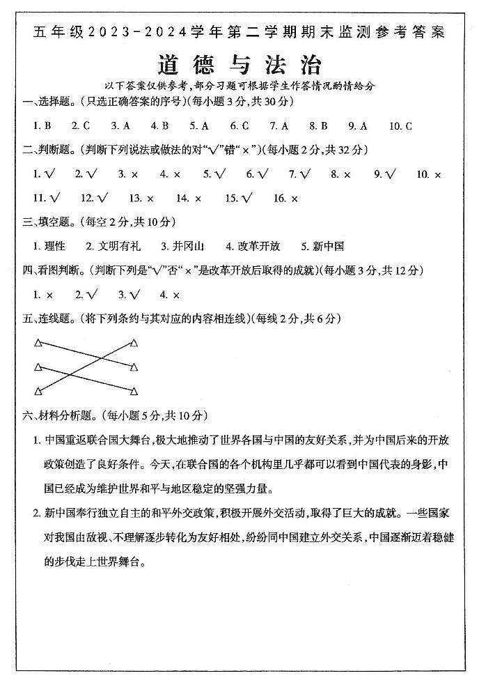 山西省大同地区2023-2024学年五年级下学期期末考试道德与法治试题01