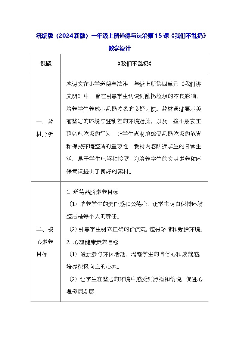 統(tǒng)編版（2024新版）一年級上冊道德與法治第15課《我們不亂扔》教學(xué)設(shè)計(jì)第1頁
