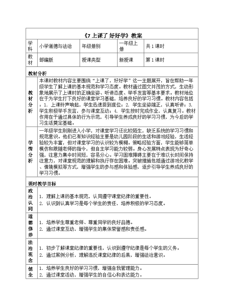 《7 上课了 好好学》教学设计-2024-2025学年部编版道德与法治一年级上册第1页