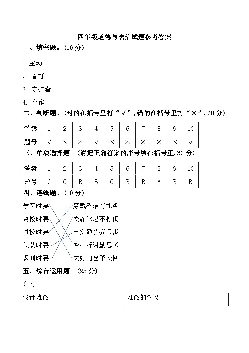 河北省保定市蠡县2024-2025学年四年级上学期11月期中道德与法治试题参考答案第1页