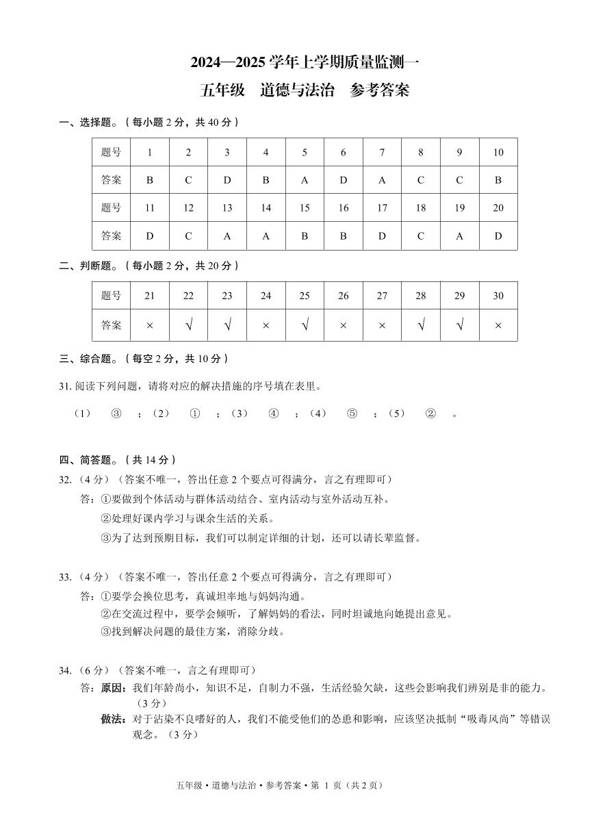 云南省文山壮族苗族自治州丘北县2024-2025学年五年级上学期第一次月考道德与法治试卷