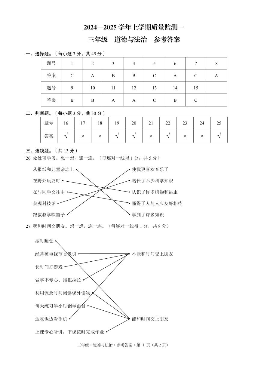 云南省文山壮族苗族自治州丘北县2024-2025学年三年级上学期第一次月考道德与法治试卷