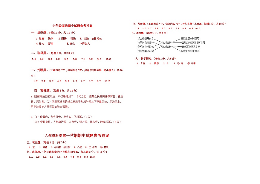 2024-2025 六道法科學(xué)綜合 上期中 答案第1頁