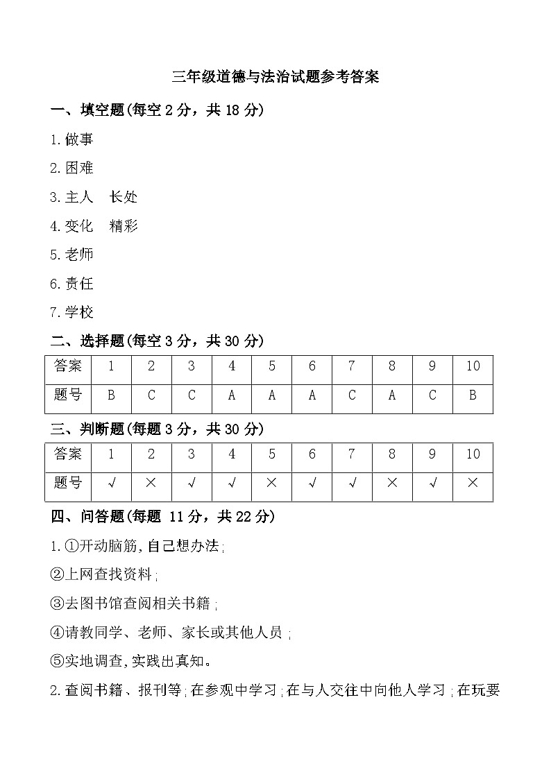 山东省聊城市莘县多校2024-2025学年三年级上学期期中道德与法治试题参考答案第1页