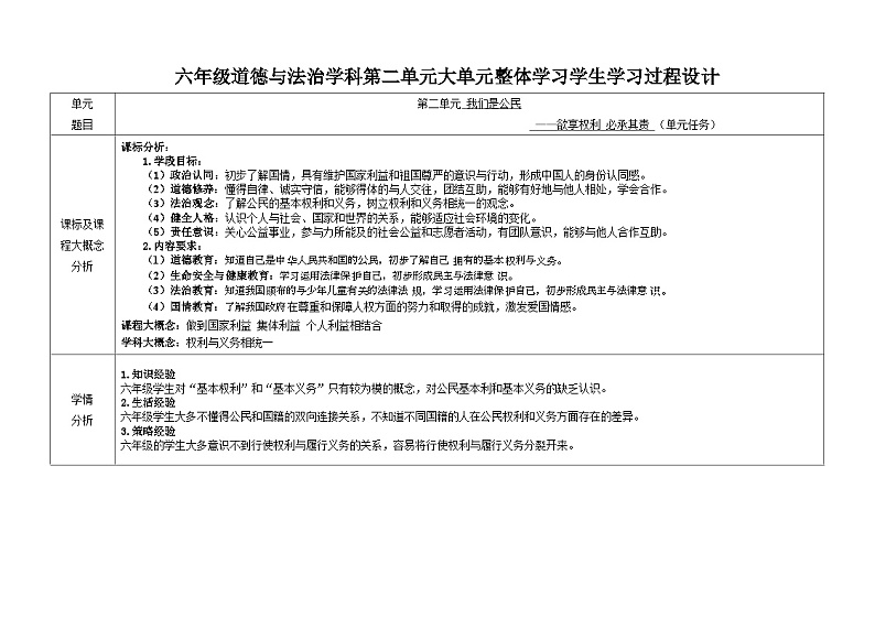 第二单元 我们是公民  教学设计道德与法治六年级上册统编版第1页