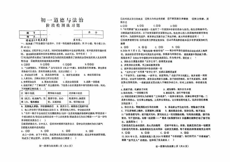 山东省烟台市芝罘区2024-2025学年(五四制)六年级上学期期末考试道德与法治试题第1页