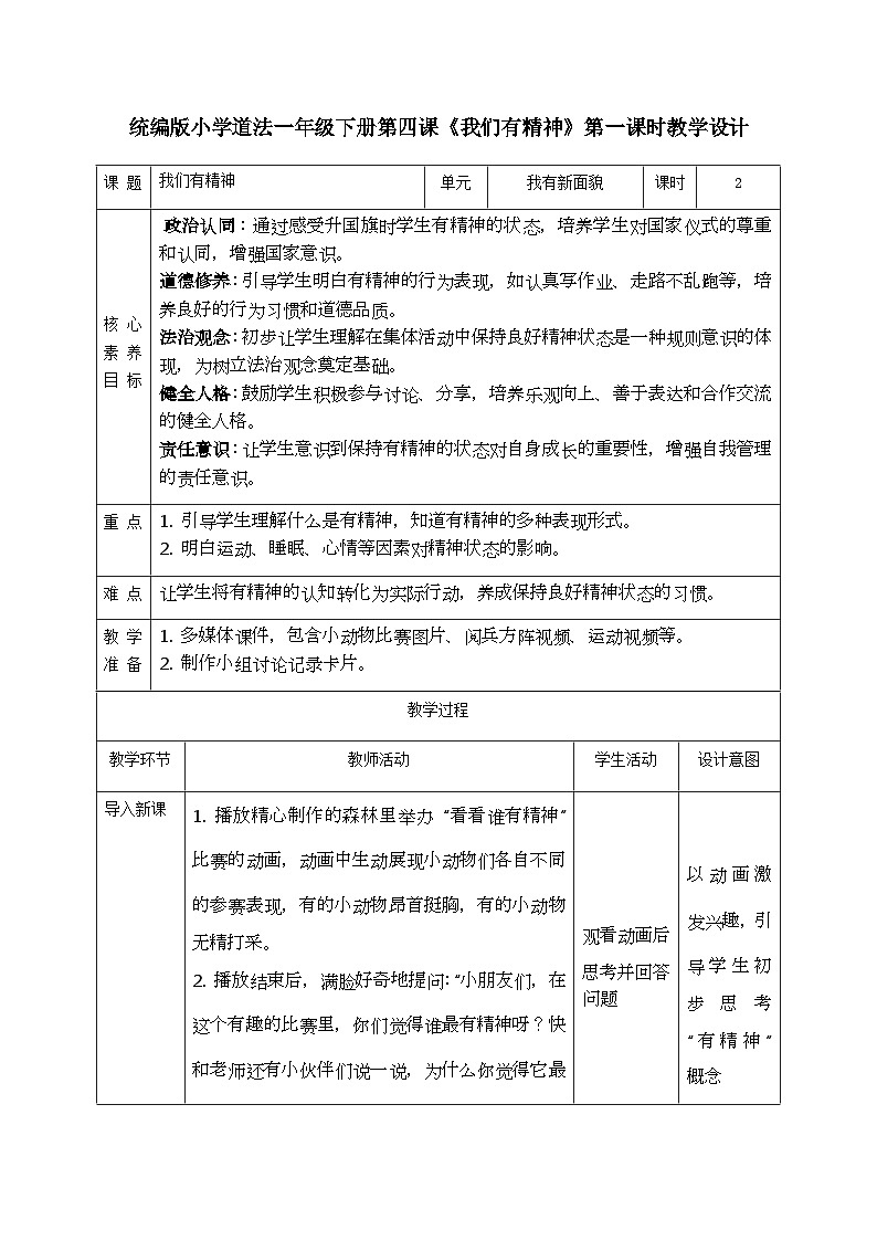 【核心素养】1.4我们有精神 第一课时 教案第1页
