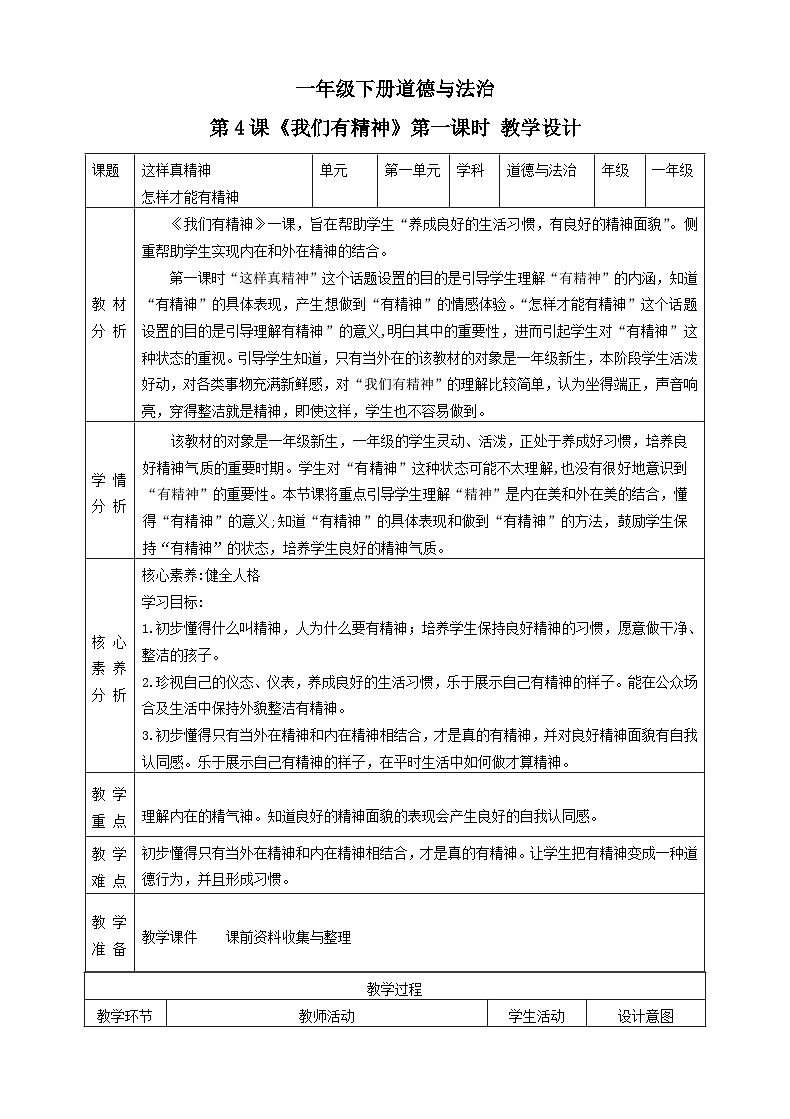 【新教材】統(tǒng)編版 一年級(jí)下冊(cè)道德與法治第4課《我們有精神》教案教學(xué)設(shè)計(jì)（第一課時(shí)）第1頁(yè)