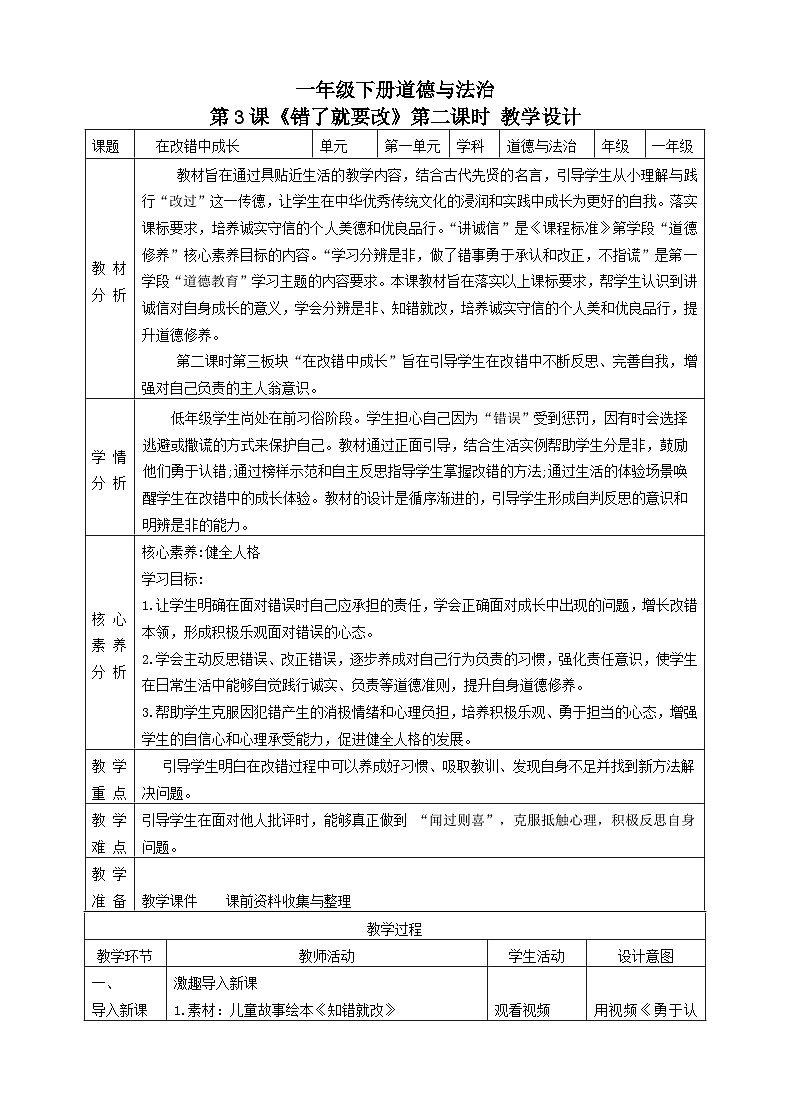 【2025春 新教材】統(tǒng)編版 一年級下冊道德與法治 第3課《錯了就要改》（第二課時）教案教學設(shè)計第1頁