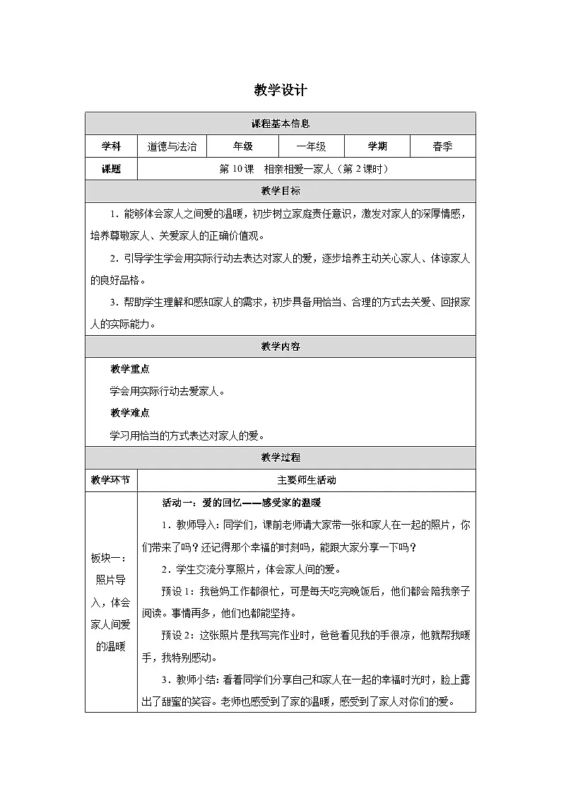 第10课 相亲相爱一家人(第2课时)教学设计 道德与法治一年级下册统编版(2024)第1页