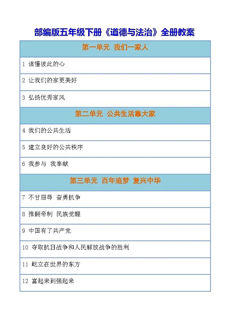 部编版|五年级下册《道德与法治》全册教案(含教学计划)第1页