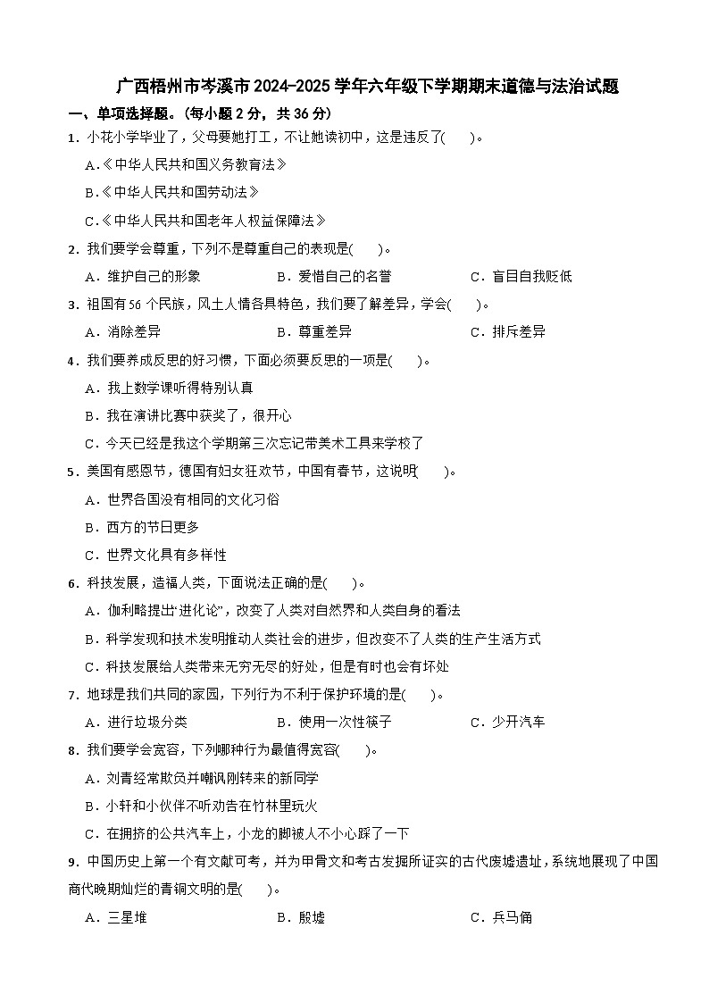 广西梧州市岑溪市2024-2025学年六年级下学期期末道德与法治试题第1页