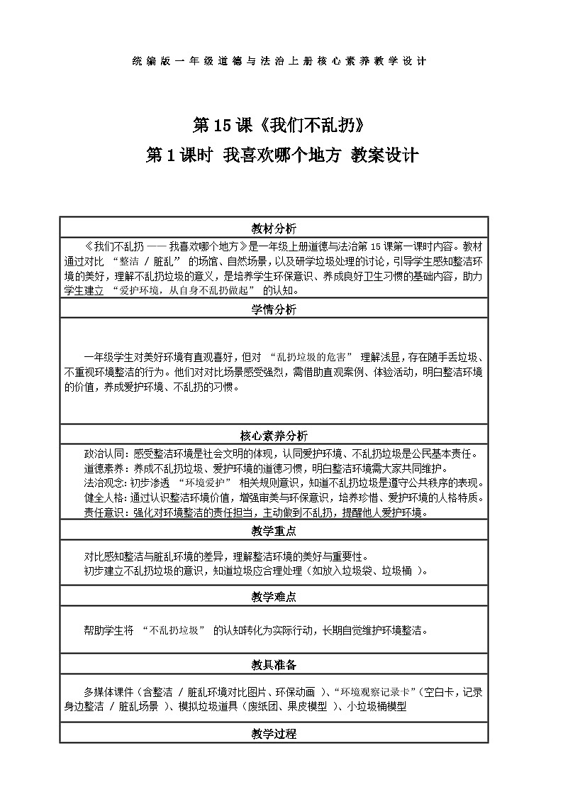 第15课《我们不乱扔》第1课时 我喜欢哪个地方 教案设计第1页