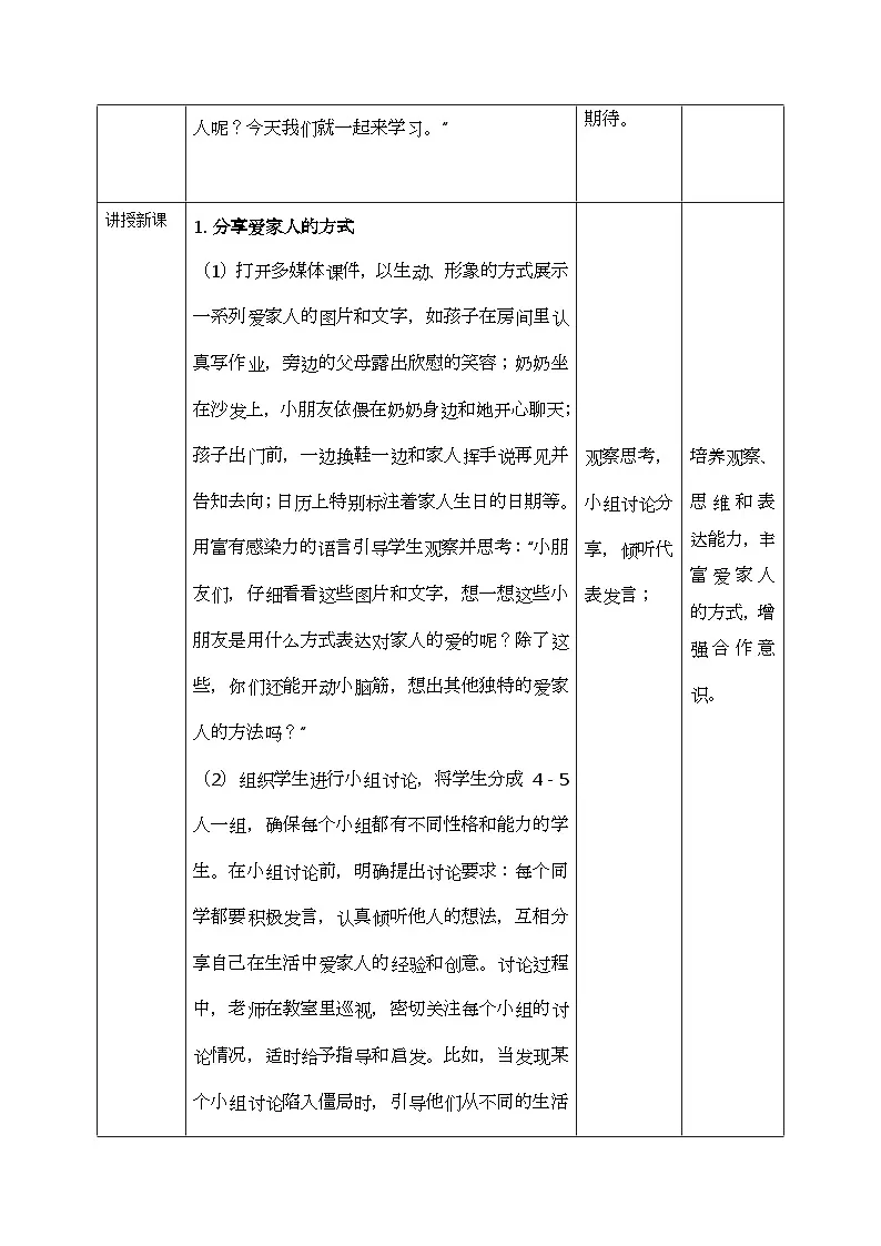 部编版五四制2024道德与法治一年级下册3.2相亲相爱1家人 第2课时 表格式教案第2页