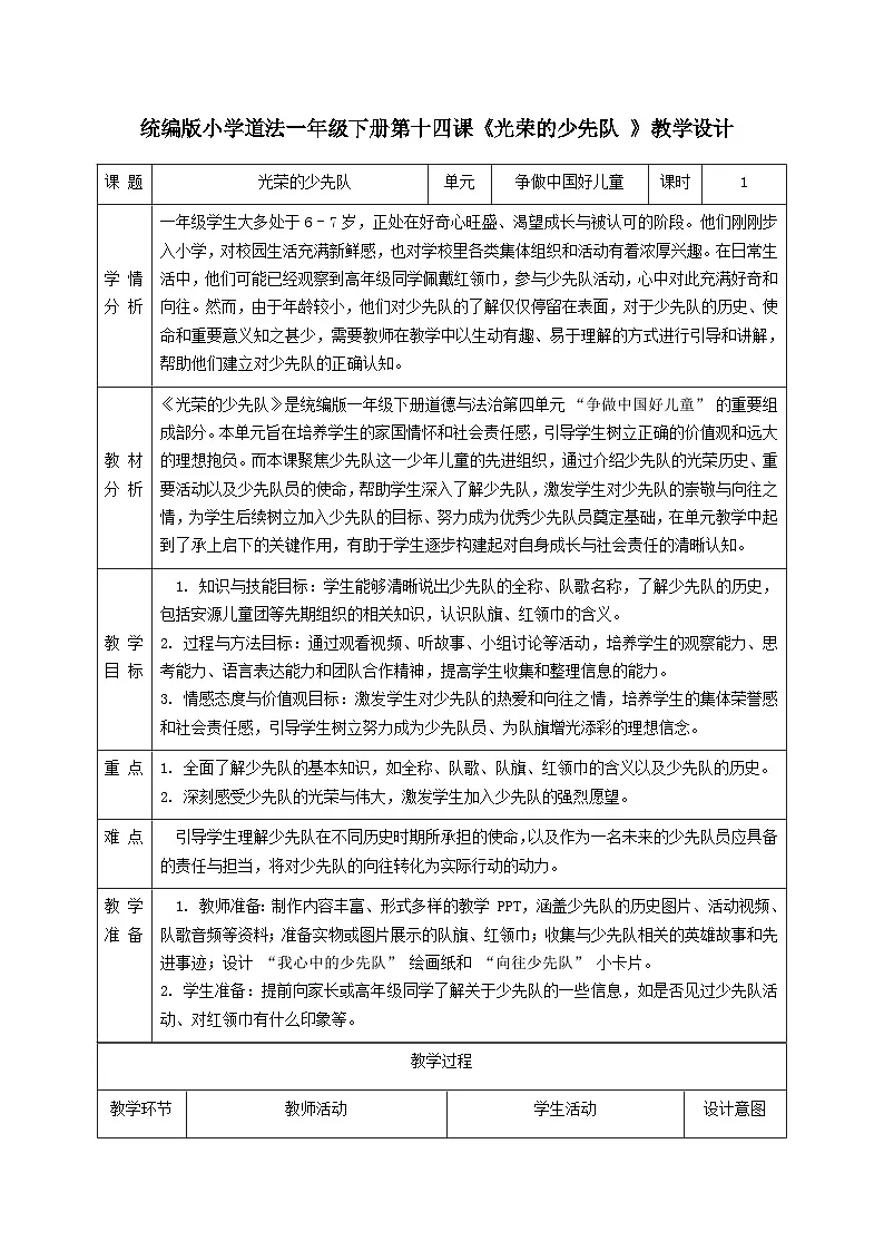 部编版五四制2024道德与法治一年级下册第14课《光荣的少先队》表格式教案第1页