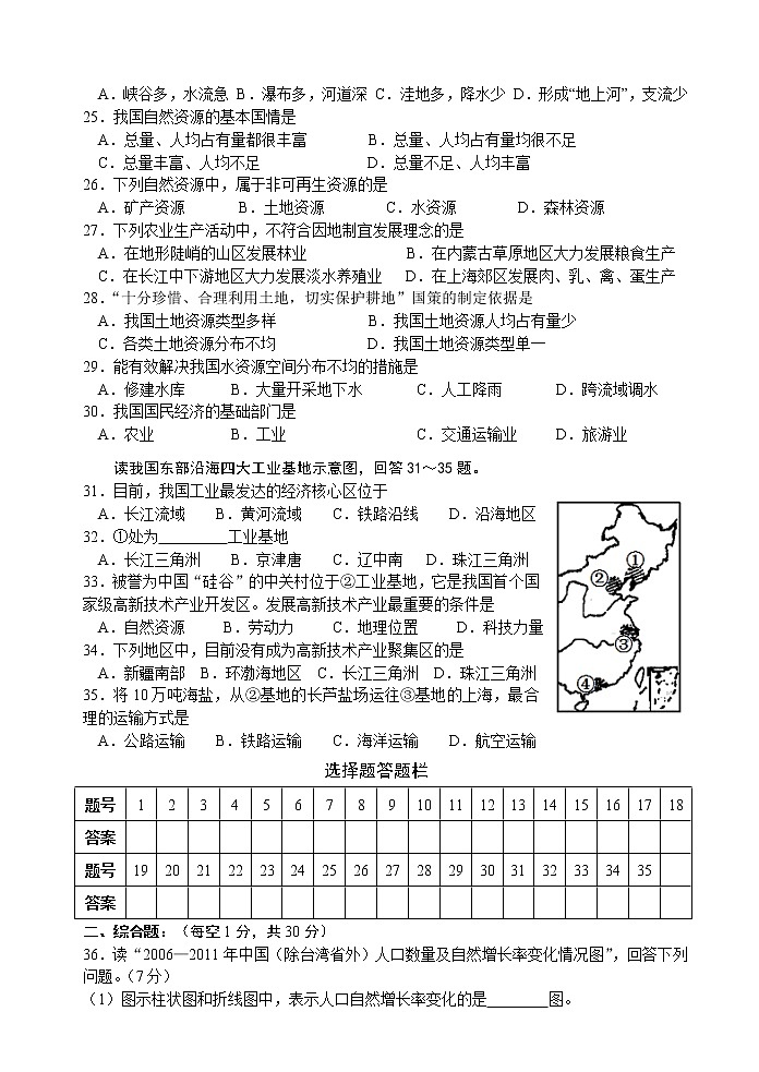 江苏省姜堰市溱潼二中八年级上学期期末考试地理试题03