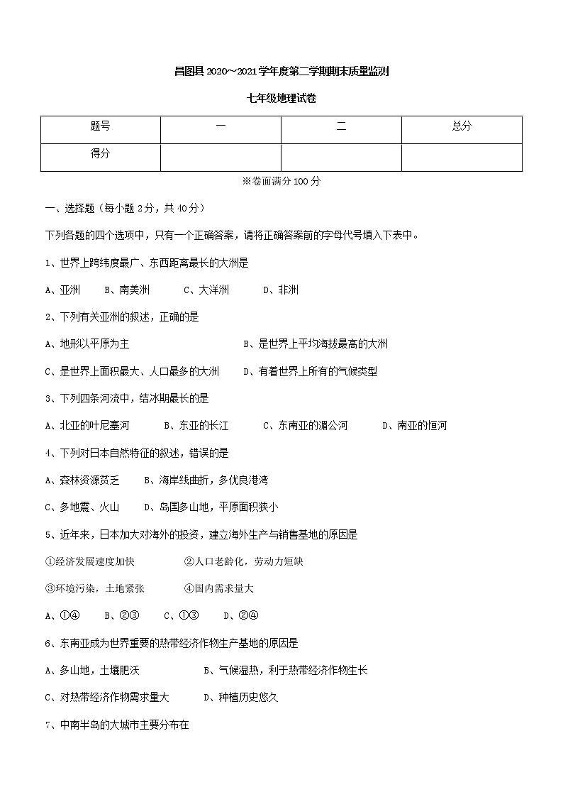 辽宁省铁岭市昌图县2020-2021学年七年级下学期期末地理试题(word版 含答案)01