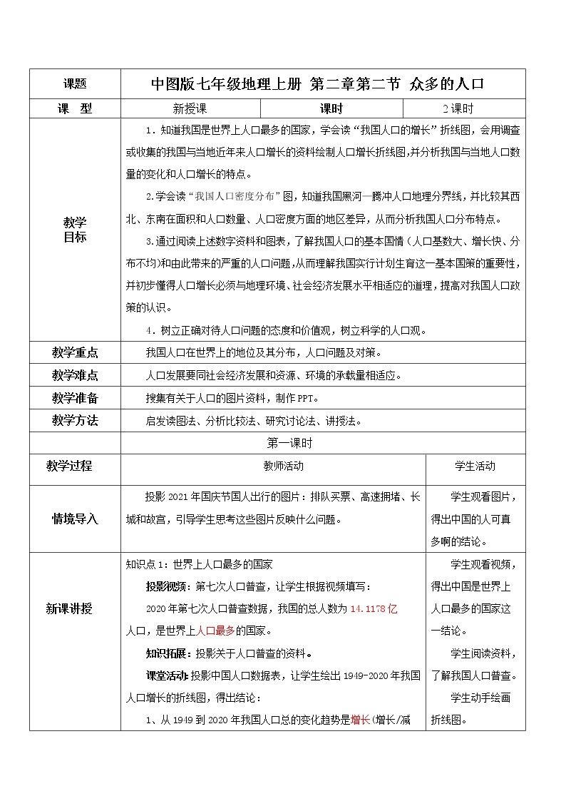 2021年中图版地理七年级上册：2.2众多的人口课件+教案+习题+视频01