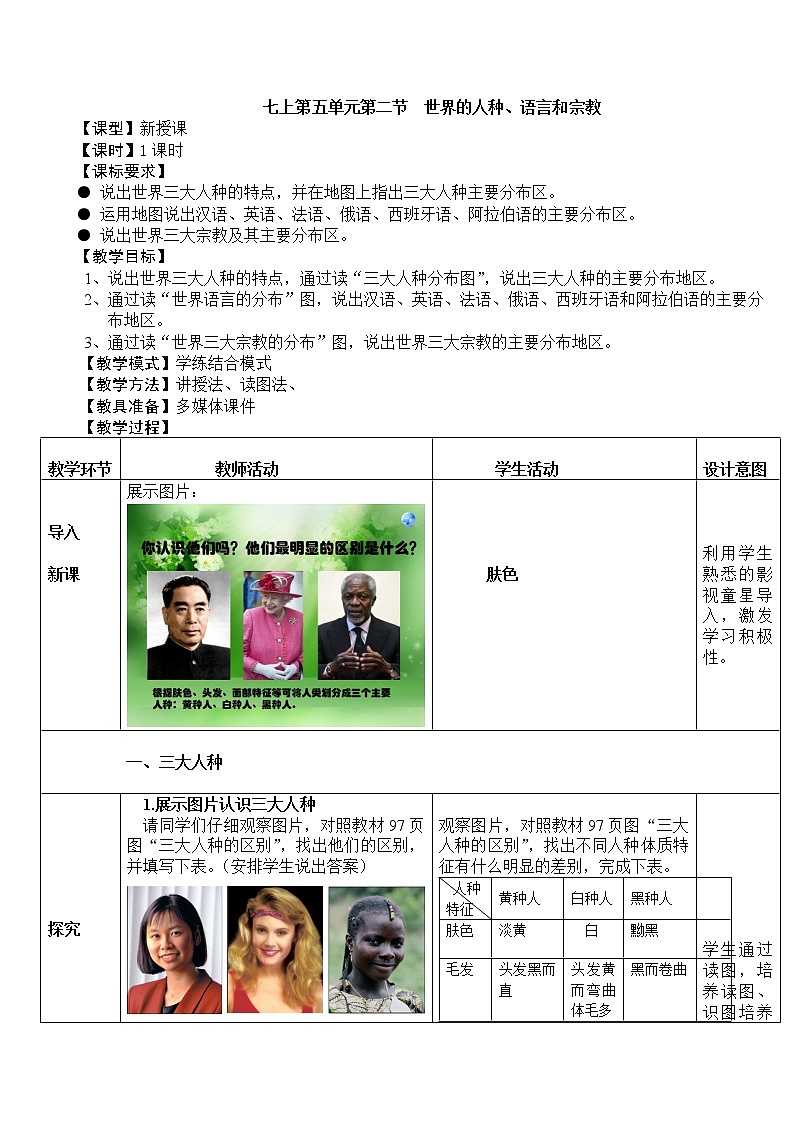 商务星球版七上地理 5.2世界的人种、语言和宗教  教案第1页