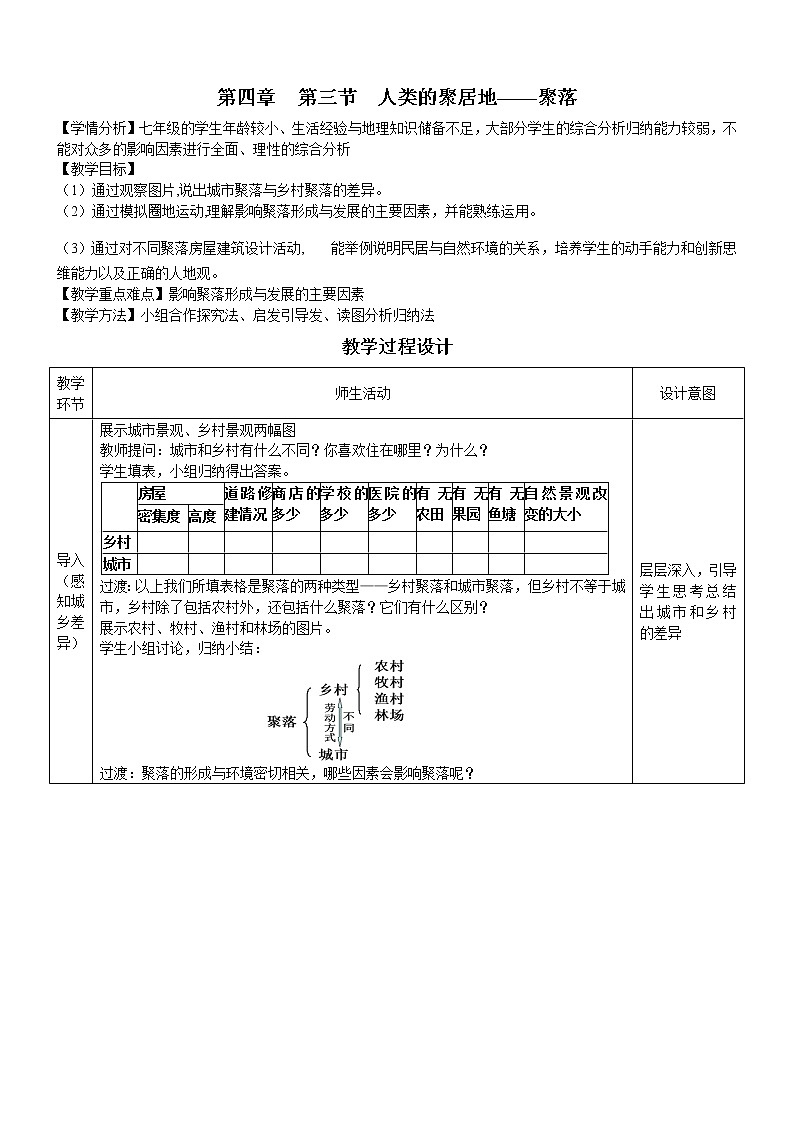人教版(新课标)七年级地理上册:4.3 人类的聚居地—聚落-教案第1页