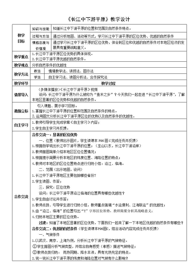 中图版七年级地理下册:第七章 7.6 长江中下游平原-教案01