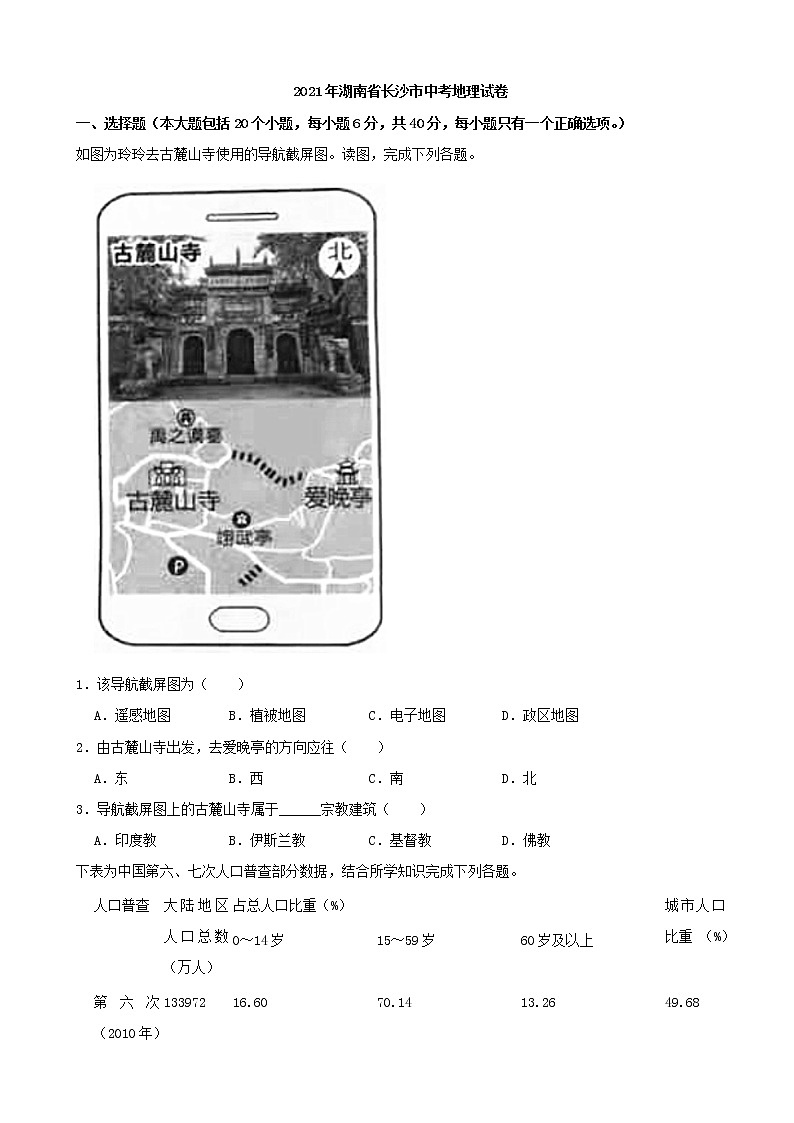 2021年湖南省长沙市中考地理真题(解析版)01