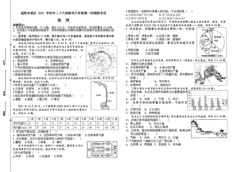 2021年湖南省岳阳市城区二十八校中考第一次模拟考试地理试题01
