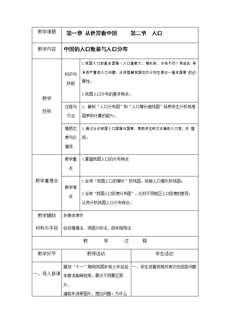 人教版八年级地理上册《1-2 人口》教案教学设计初二优秀公开课第1页