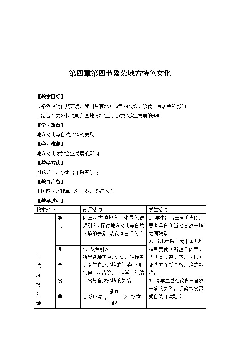 商務(wù)星球版地理八年級(jí)上冊(cè) 第四節(jié) 繁榮地方特色文化 教案第1頁