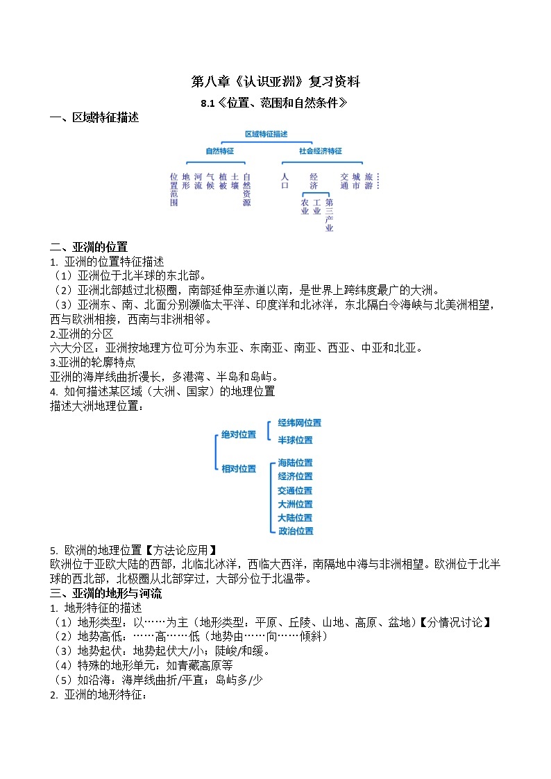 2020-2021学年初中地理晋教版七年级下册  第八章 认识亚洲 章末复习资料01